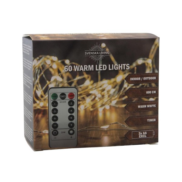 ŘETĚZ 60LED TEPLÁ IP44 ČASOVAČ S OVLADAČEM 6M 3XAA