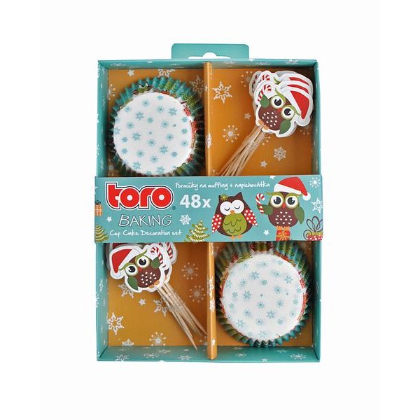 Papírové košíčky na muffiny + napichovátka 24ks TORO vánoční sovy