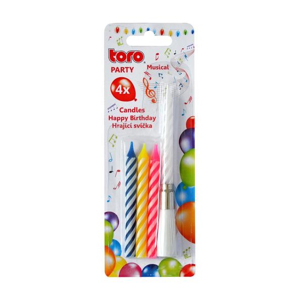 Dortová zpívající svíčka s podstavcem TORO Happy Birthday 4 svíčky