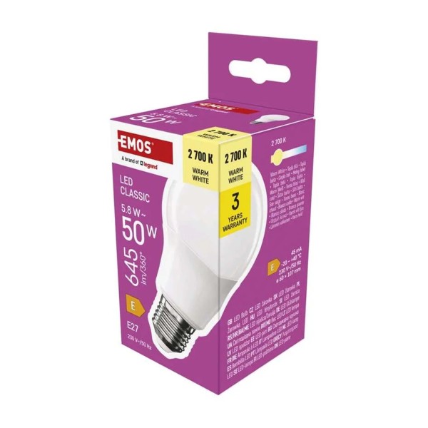 LED ŽÁROVKA CLASSIC A60/E27/5,8W(50W)/645LM/TEPLÁ