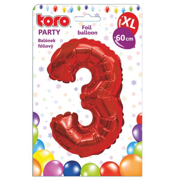 Balónek fóliový TORO XL číslice "3" 60cm červený