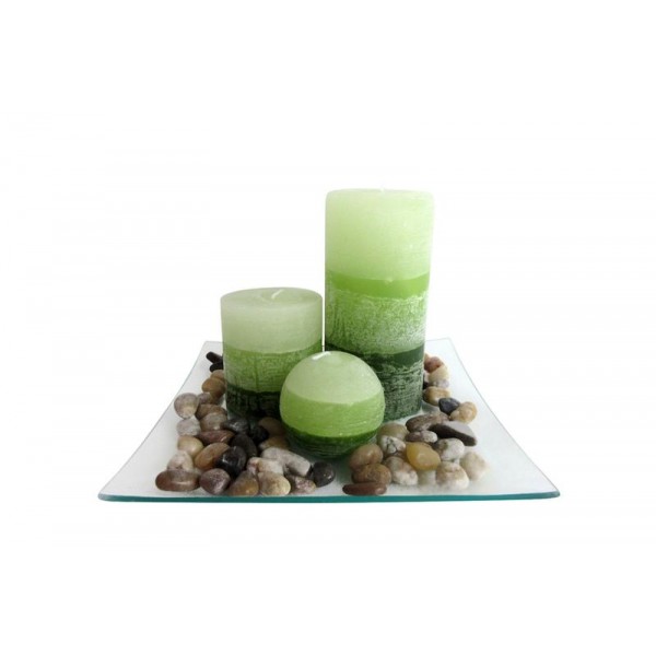 Dárkový set 3 svíček s vůní "zelený čaj" na skleněném podnosu s kameny