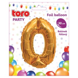Balónek foliový TORO číslice 0 30cm zlatý