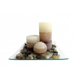 Dárkový set 3 svíčky ,vůně vanilka, na skleněném podnosu s kameny.